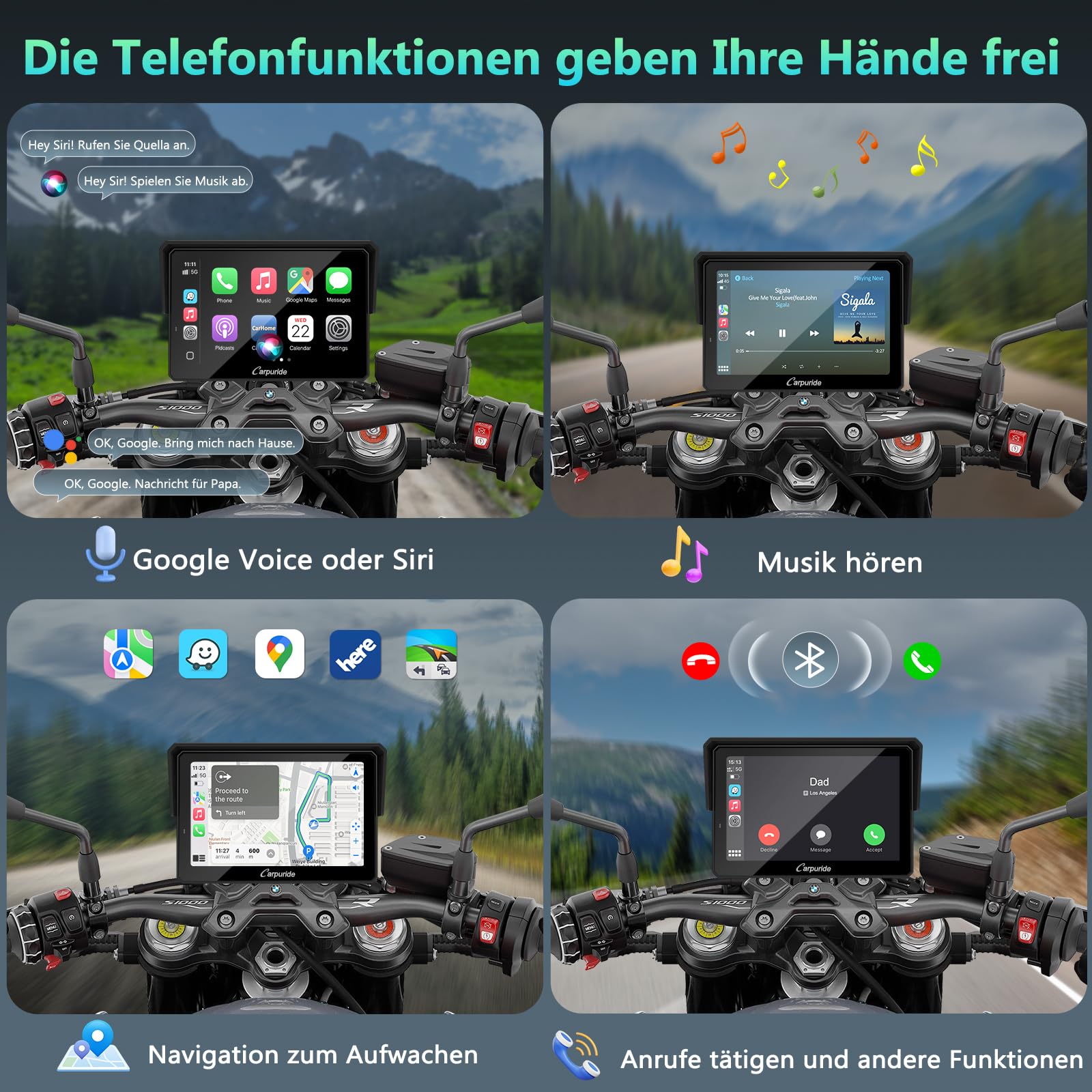 CARPURIDE W502BS Pro für BMW-Motorrad, CarPlay & Android Auto, Dual-Bluetooth, 5 Zoll Wasserdichter GPS-Navigations Bildschirm, Datenablesung, Native Wonder, TPMS, Lichtsensor, Musikfreigabe