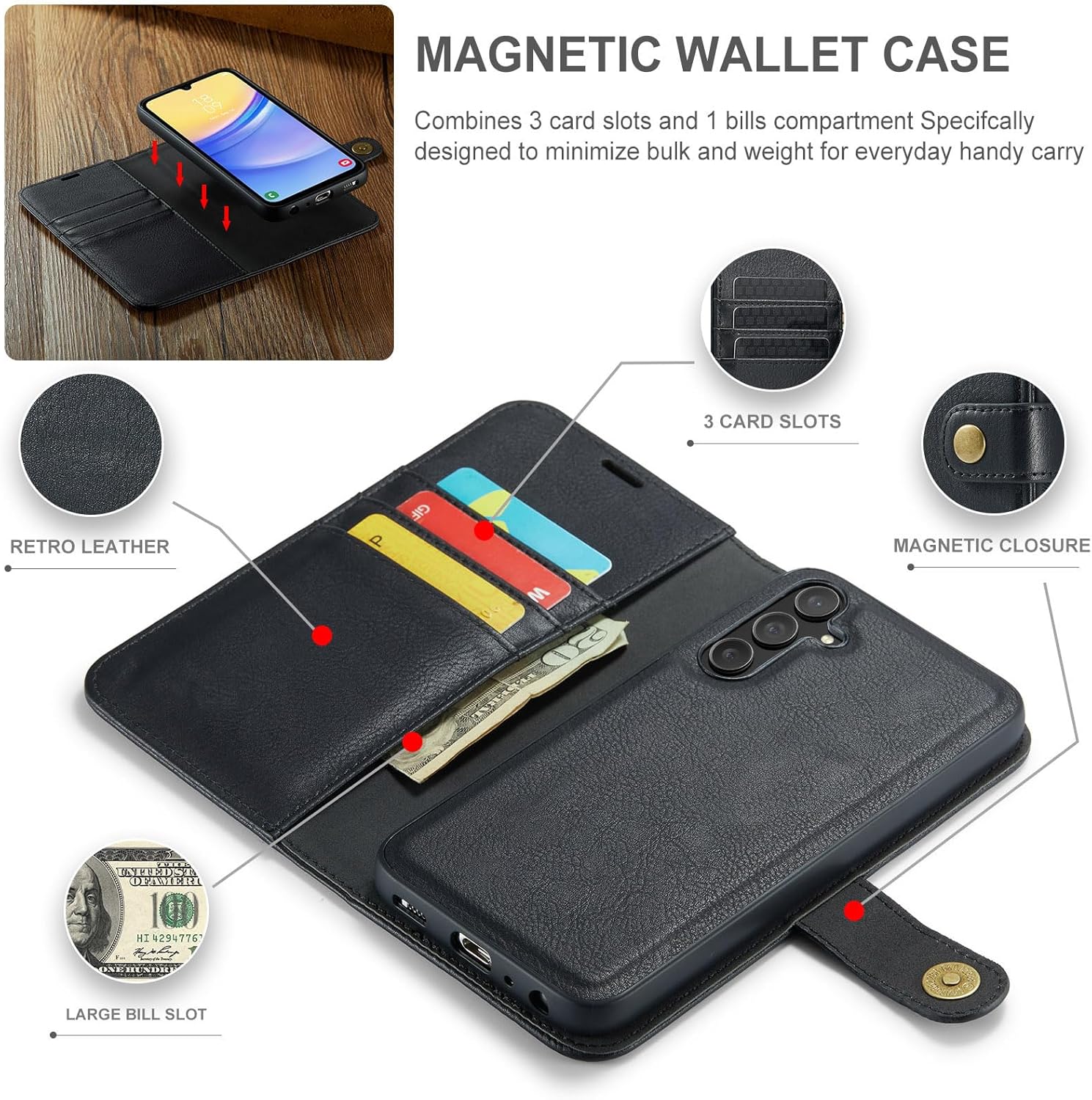 Asuwish Phone Case for Samsung Galaxy A15 5G/4G Wallet Magnetic Detachable Cell Cover with Tempered Glass Screen Protector Flip Card Holder Slot A 15 G5 15A Women Men Girls Purse Mobile Folio Black