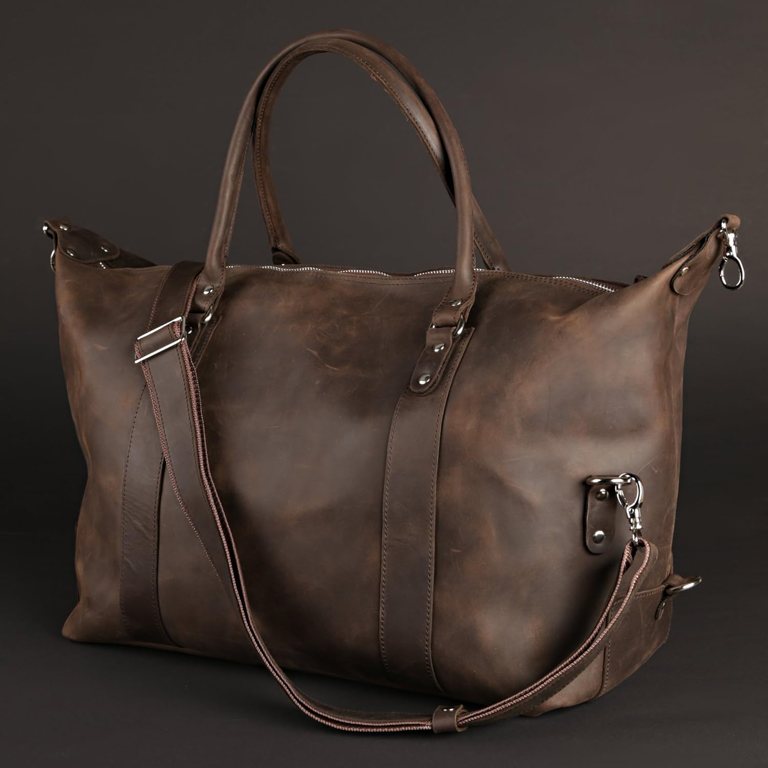 Shvigel Leather Duffel Travel Bag - Sports Gym Bag - Weekend Overnight Luggage Bag - Weekender (Brown Vintage)