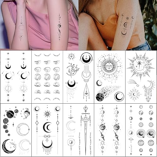 Tatuajes temporales realistas con diseño de luna, sol, estrellas, planetas espaciales, tatuajes temporales para mujeres