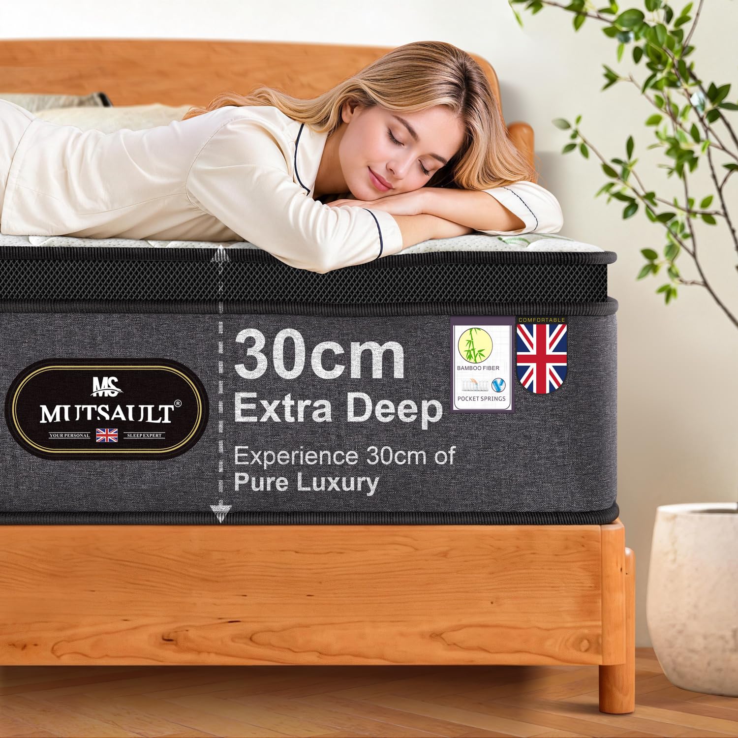 Mutsault Orthopaedic Single Mattress 3FT for Back Pain Relief, Luxe Euro Top Hybrid 7-Zone Pocket Sprung Mattress with Cooling Gel Memory Foam & Breathable Bamboo Fibre Cover, Medium Firm, 30cm Deep