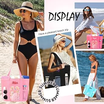 Personalized Beach Tote Bag for Women Custom Embroidered Name Large Mesh Sandproof Swim Bag, Foldable Travel Tote