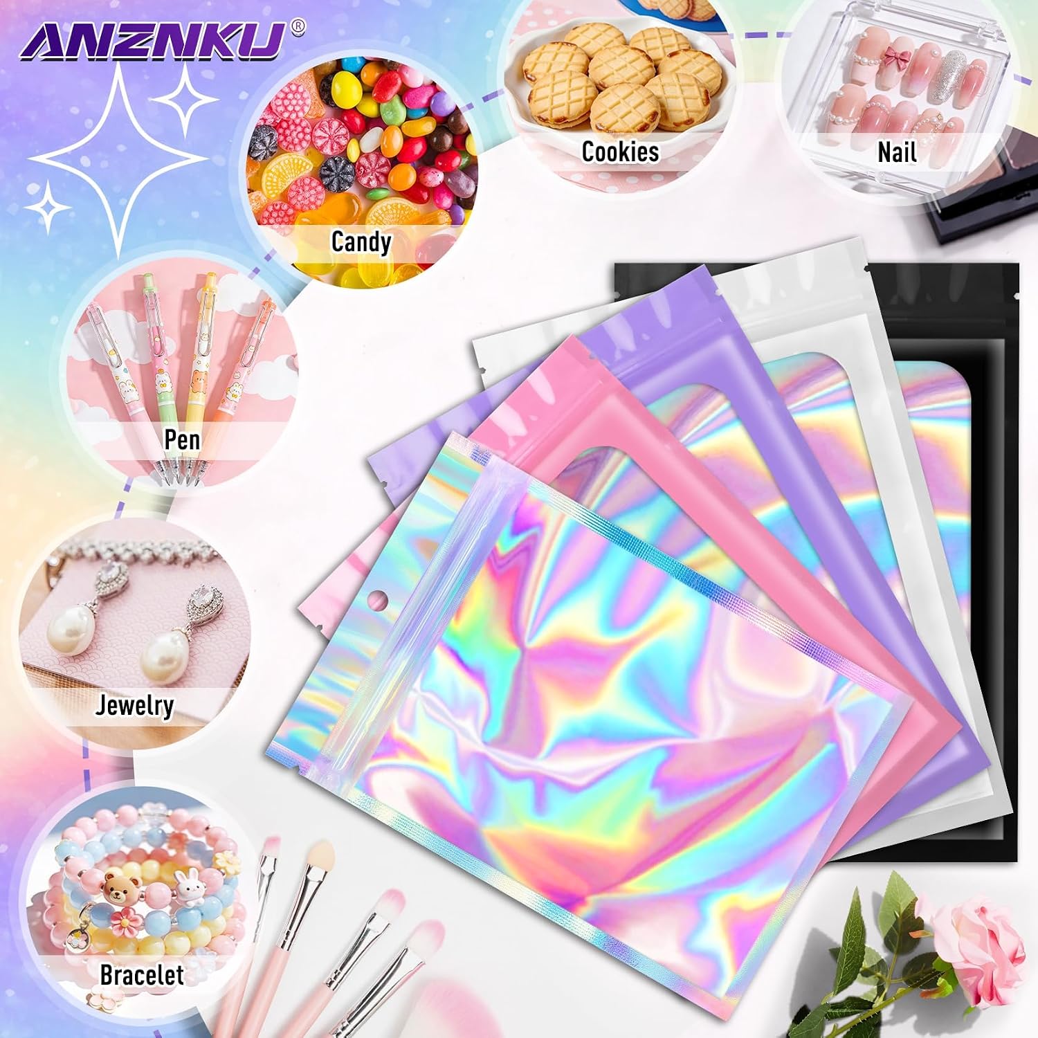 ANZNKU 100PCS Holographic Bags 5x7 Multicolor Mylar Bags Resealable, Smell Proof Sealable Small Gift Bag Foil Pouches Packaging Baggies for Goodie Snack Candy Jewelry Party Favors Halloween Christmas