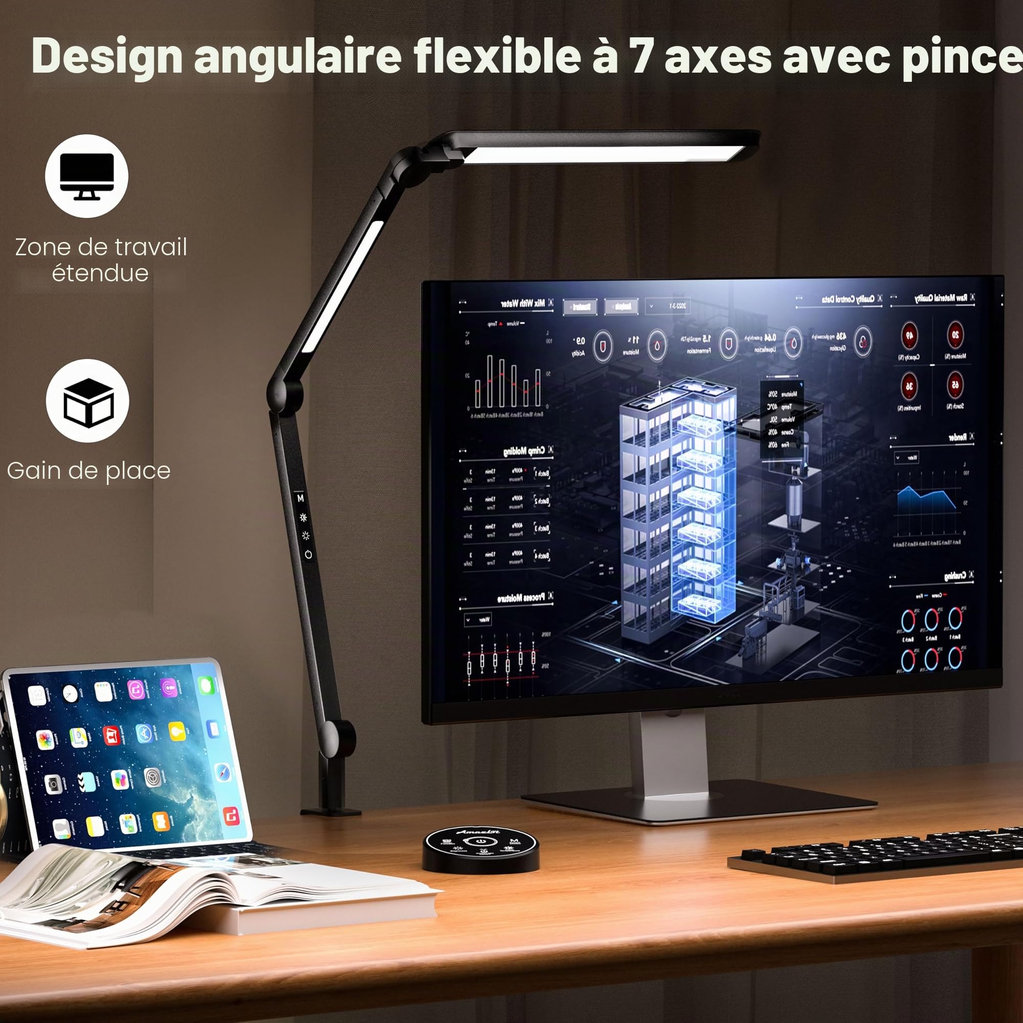 AmazLit Lampe de bureau, lampe de bureau pour soins des yeux LED à intensité variable, lampe d'architecte à double source de lumière, température de couleur réglable, lampe de table 16W avec télécomma