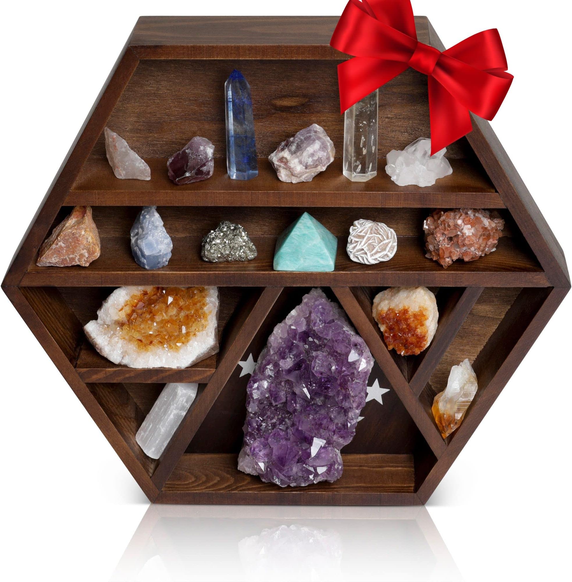ENSO SENSORY Tsuki Crystal & Rock Display Shelf - Hexagon Floating Wall Shelves with Cresent Moon Design for Rocks, Crystals, Oils, Stones, Plants - Honeycomb Geometric Shape Home Decor