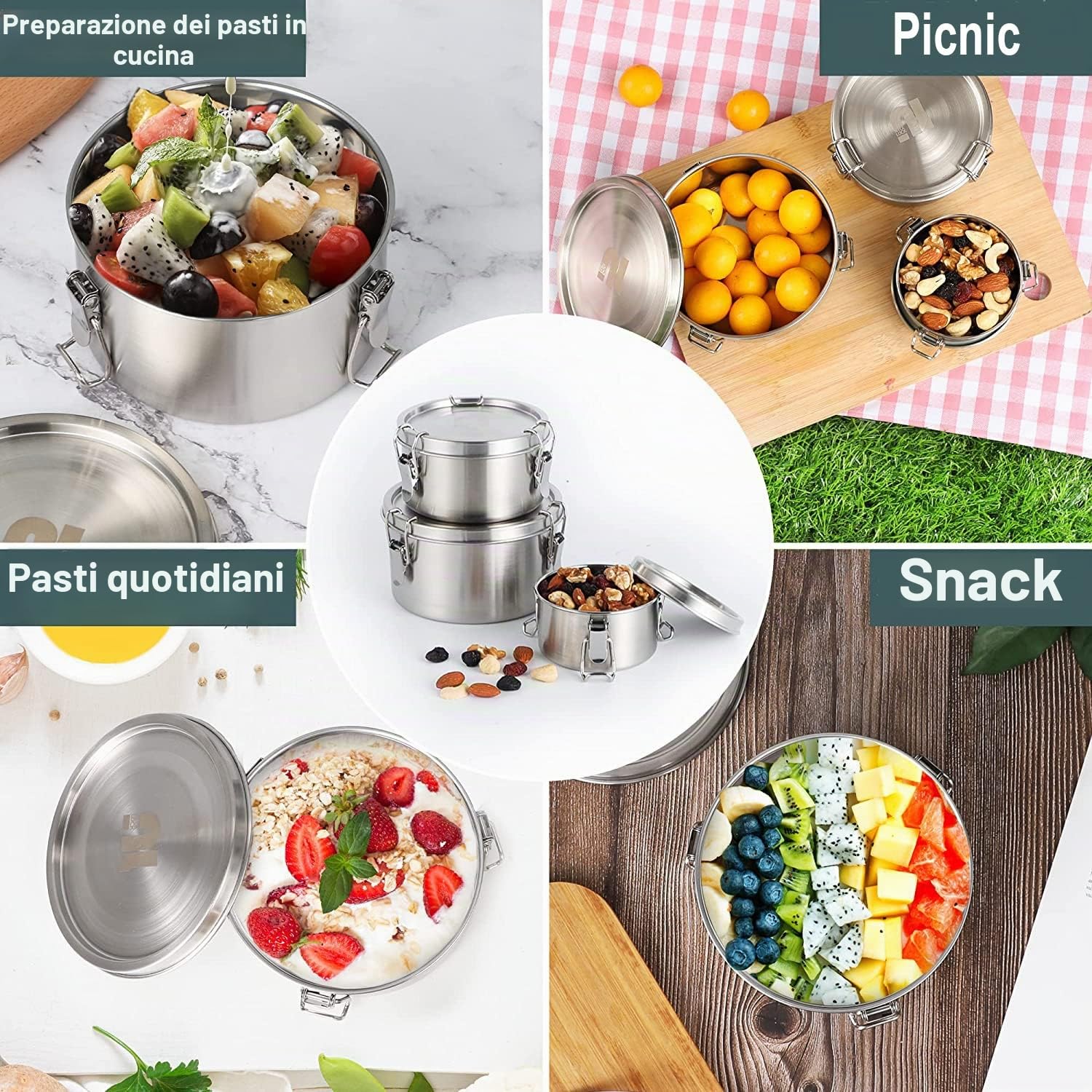 nicelock Set di contenitori per alimenti in acciaio inox, contenitori per il pranzo in metallo, a prova di perdite, ermetici, impilabili, riutilizzabili, per bambini, adulti, confezione da 3