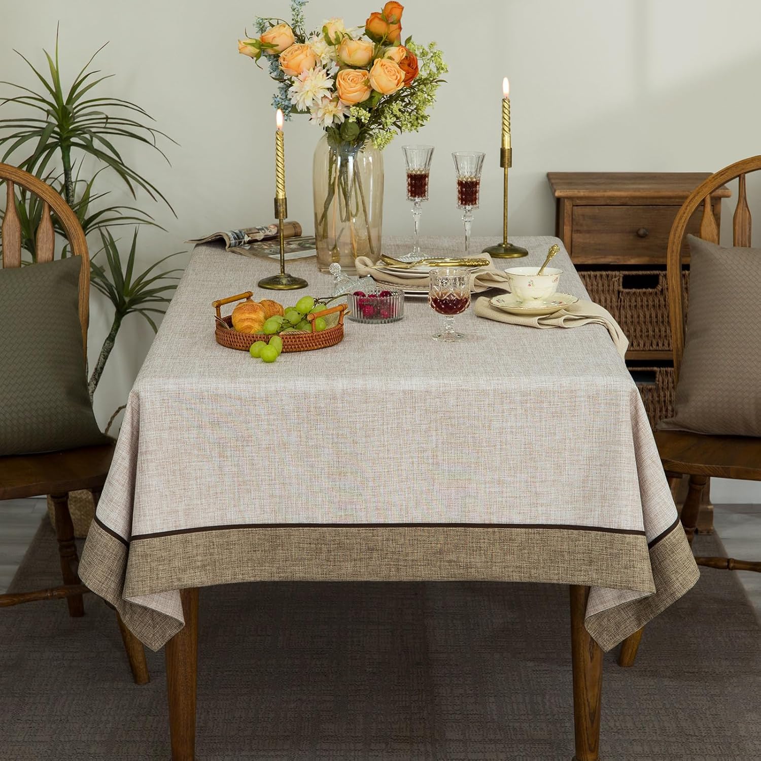 GLORY SEASON Classic Textured Linen Style Tablecloth,Rustic Washable,Solid Bordered Retro Rectangle Table Cloth,Kitchen Dinning Tabletop Decoration,Oblong Table Cover, Linen 55x102 Inch