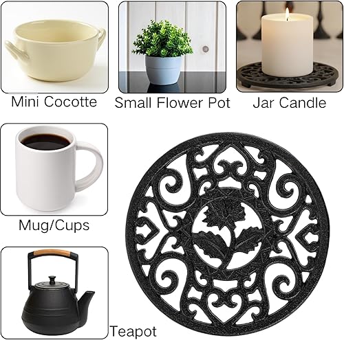Miniatura 6 de Coloch 2 Pack Cast Iron Trivet with Pegs, 4.6 Inch Round Metal Trivet with Vintage Patterns Rustproof Hot Pot Holder Pads for Serving Hot Dishes,