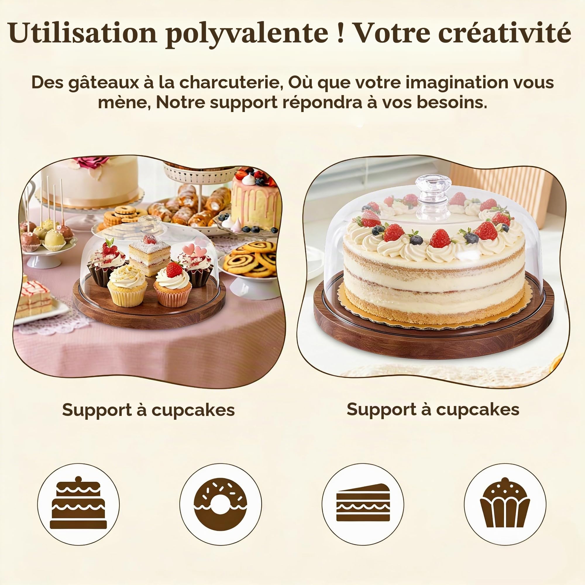 Support de Gâteau avec Couvercle de Dôme, 30cm/12in Présentoir à Porte-Gâteau en Bois, 2 en 1 Table D'affichage de Table de Dessert Carte de Charcuterie pour Assiette à Gâteaux et Pâtisseries