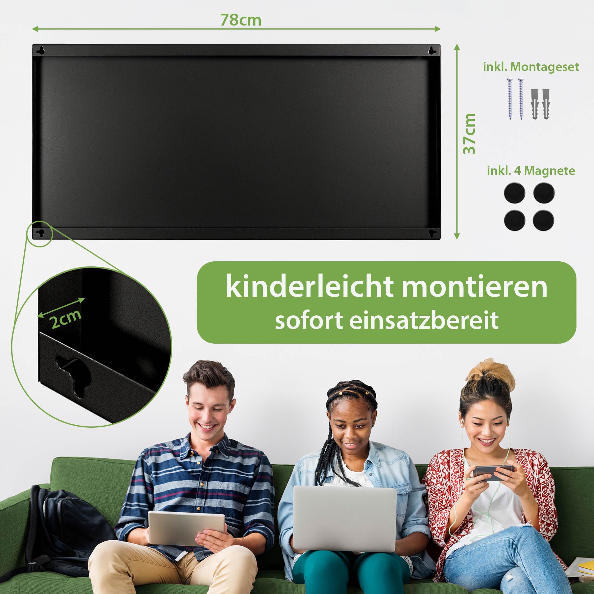 banjado Magnettafel Metall 78 x 37cm - beschreibbare Magnettafel - Metall Pinnwand als Memoboard - Magnetwand Küche, Büro, Kinderzimmer Schwarz inkl. 4 Magnete & Montageset - Motiv Strand