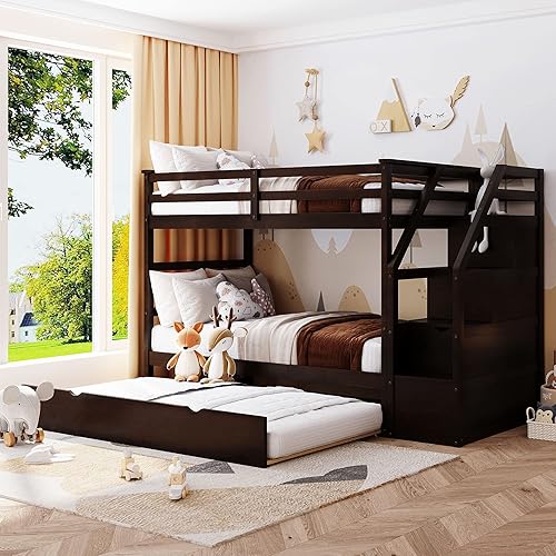 Miniatura 19 de Harper & Bright Designs Litera individual sobre cama individual con nido, marco de cama de madera para niños con escaleras y barandilla de gran