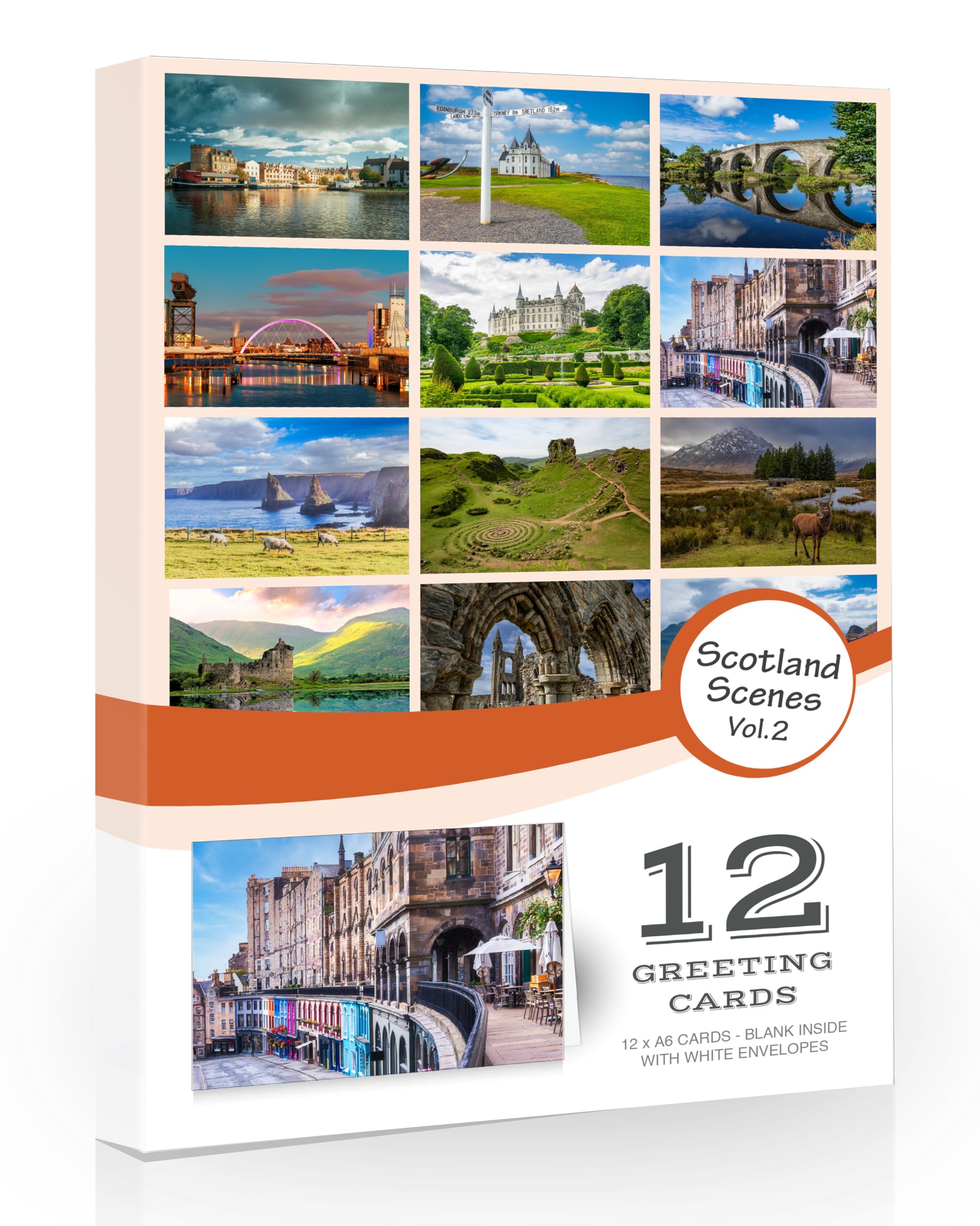 12 x Scottish Scenes Vol.2 Folding Greeting Cards with Envelopes. Natural Scotland Landscape Greeting Cards. Designed and Printed in the UK. Blank Inside for All Occasions