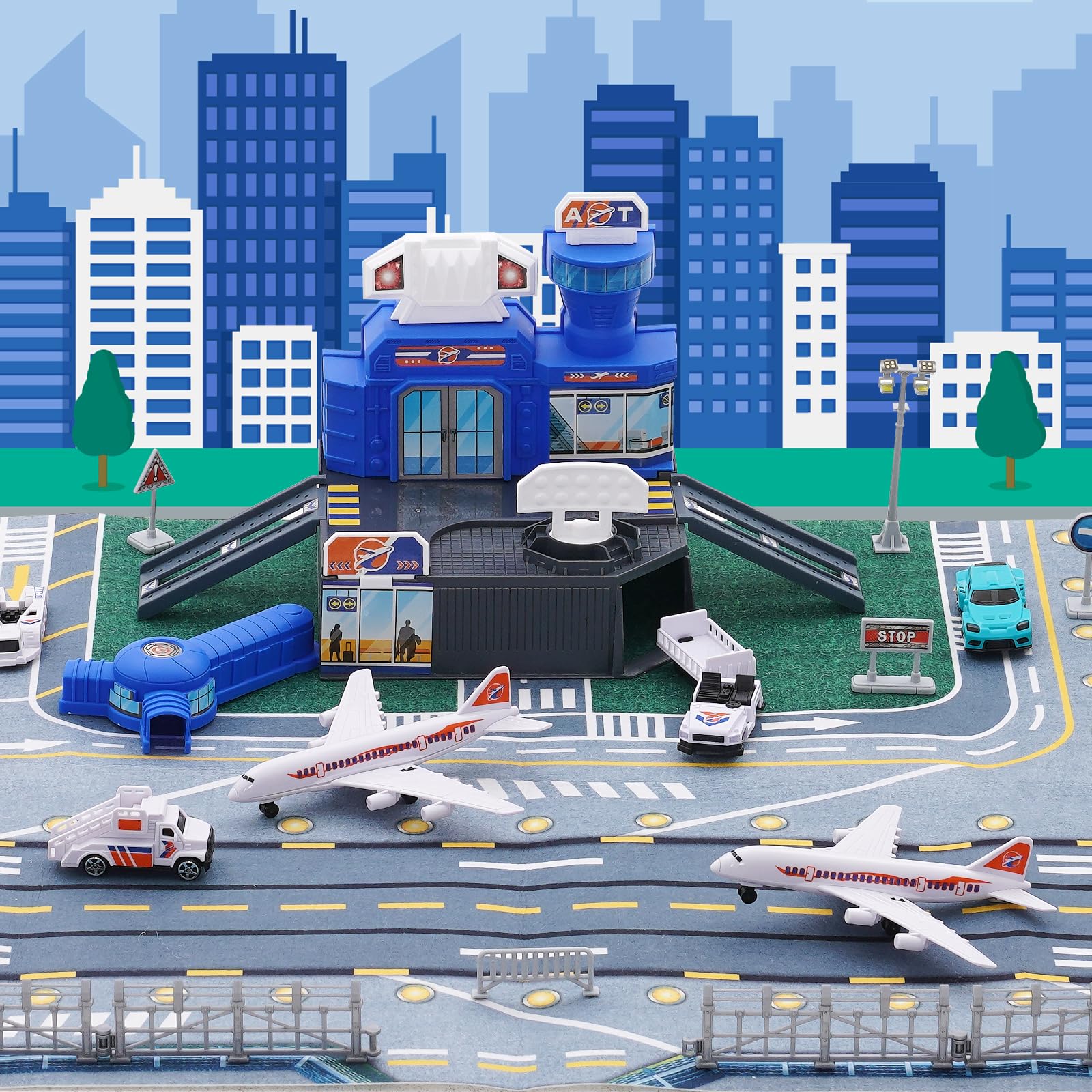 Garage Macchine Per Bambini con Elicottero, Auto, Tappetino da Gioco, Parcheggio per Bambini, Garage Per Auto, Giocattoli educativi per bambini Da 3 Anni
