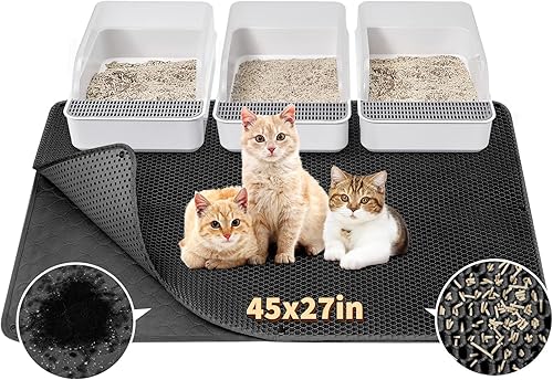 Fostanfly Tapete de arena para gatos, 45 x 27 pulgadas, tapete para atrapar arena para gatitos, color negro, extra grande, XL, tapete de control de