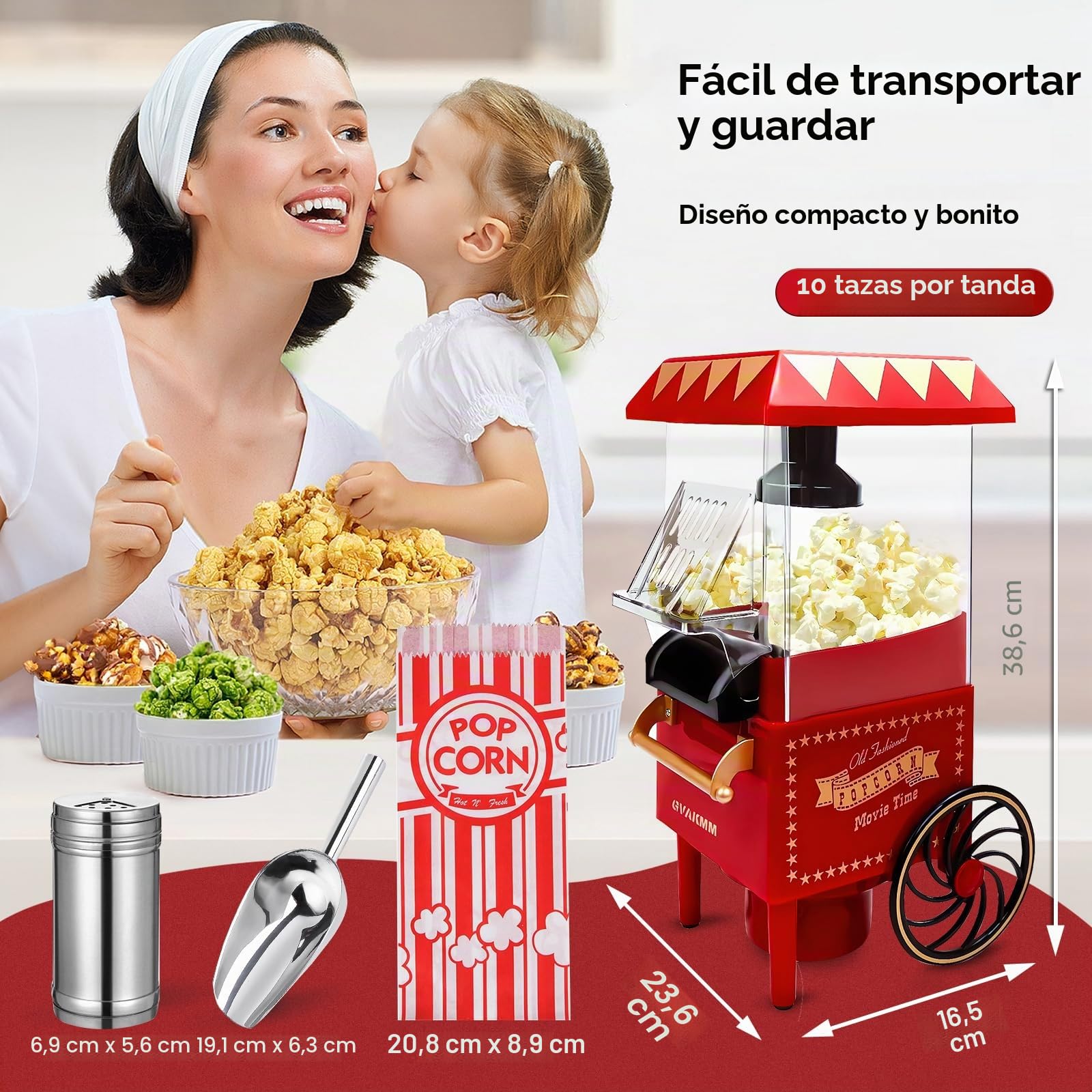 Máquina de palomitas de maíz, juego de máquina de palomitas de maíz de aire caliente, caja de regalo, máquina portátil de palomitas de maíz, 10 tazas, sin aceite, estilo retro