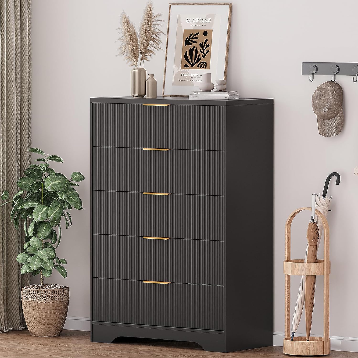 Black Tall Dresser for Bedroom, 31.5" Modern Tall Chest of Drawers with 5 Smooth Slides Drawers & Gold Metal Handles, Wood Storage Cabinet for Living Room, Closet, Entryway, Hallway