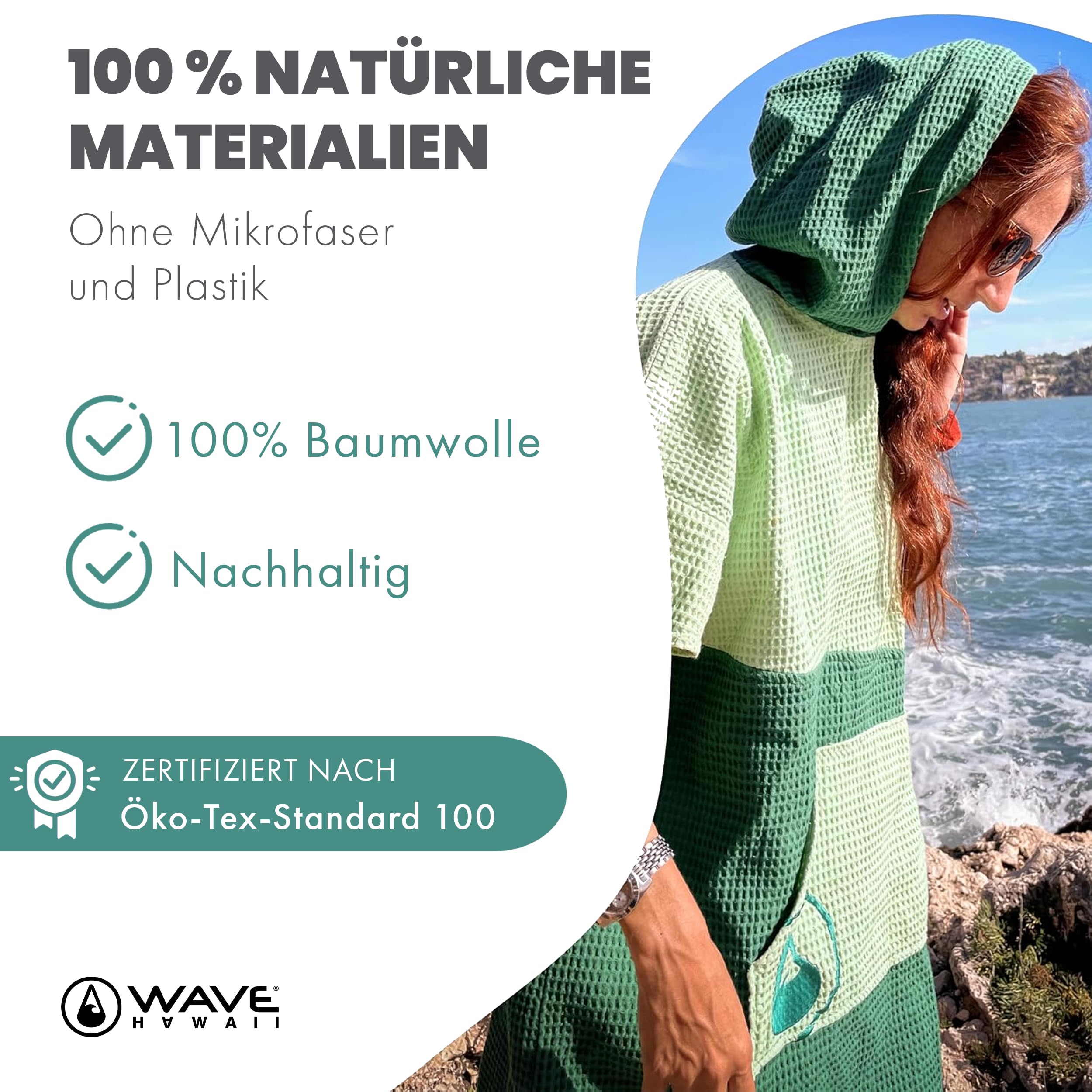 WAVE HAWAII Travel-Badeponcho Gr. L-XL 171-199cm & Reisehandtuch 130 x 80cm, Breese, 100% Baumwolle, hochwertige Qualität, robust, Schlaufe, leicht, Strand, Urlaub, Outdoor, Camping, Vanlife