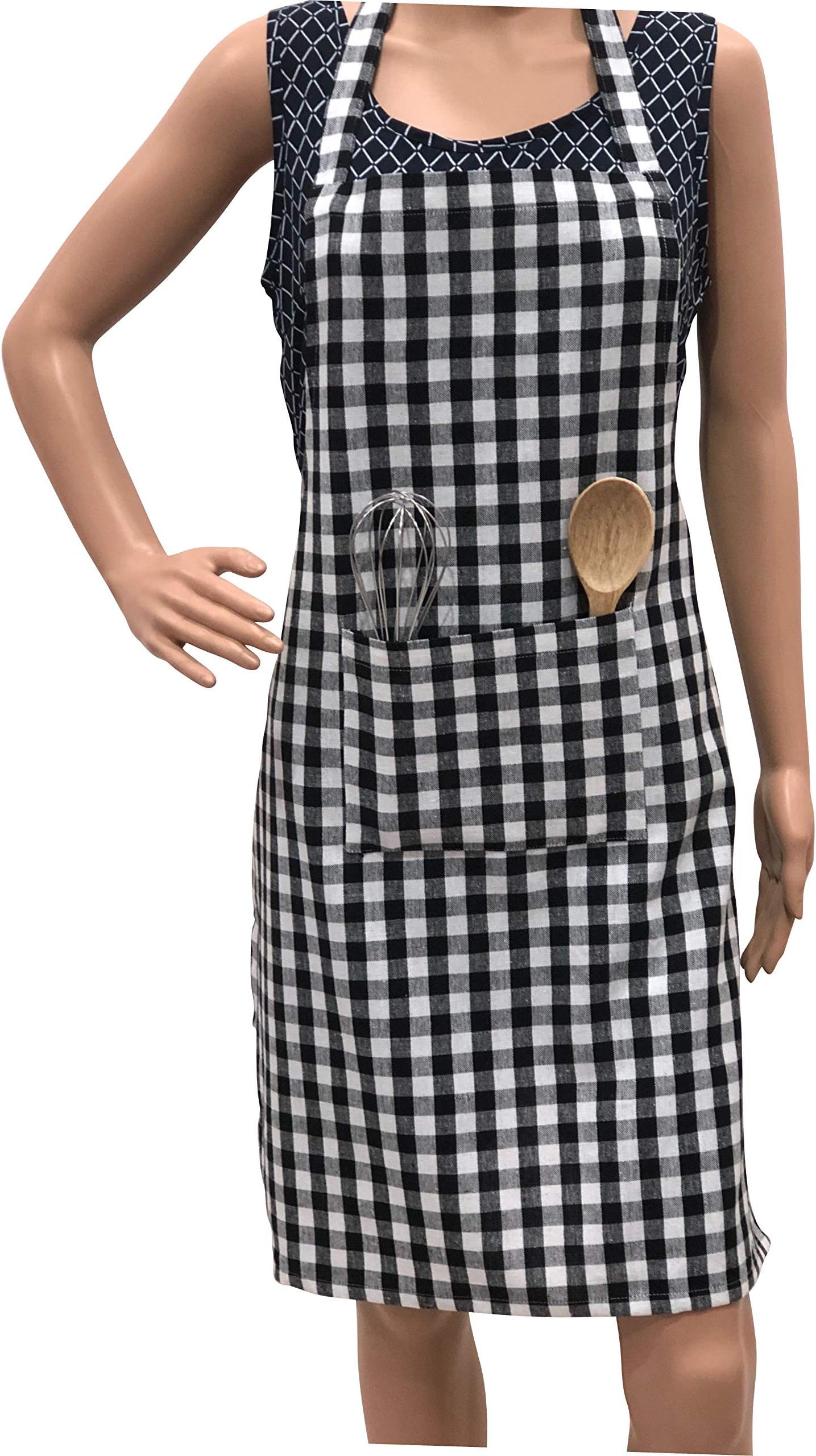 Pixel Home Cotton Apron 100% Cotton Check Kitchen Apron with Front Center Pocket Best Design Apron
