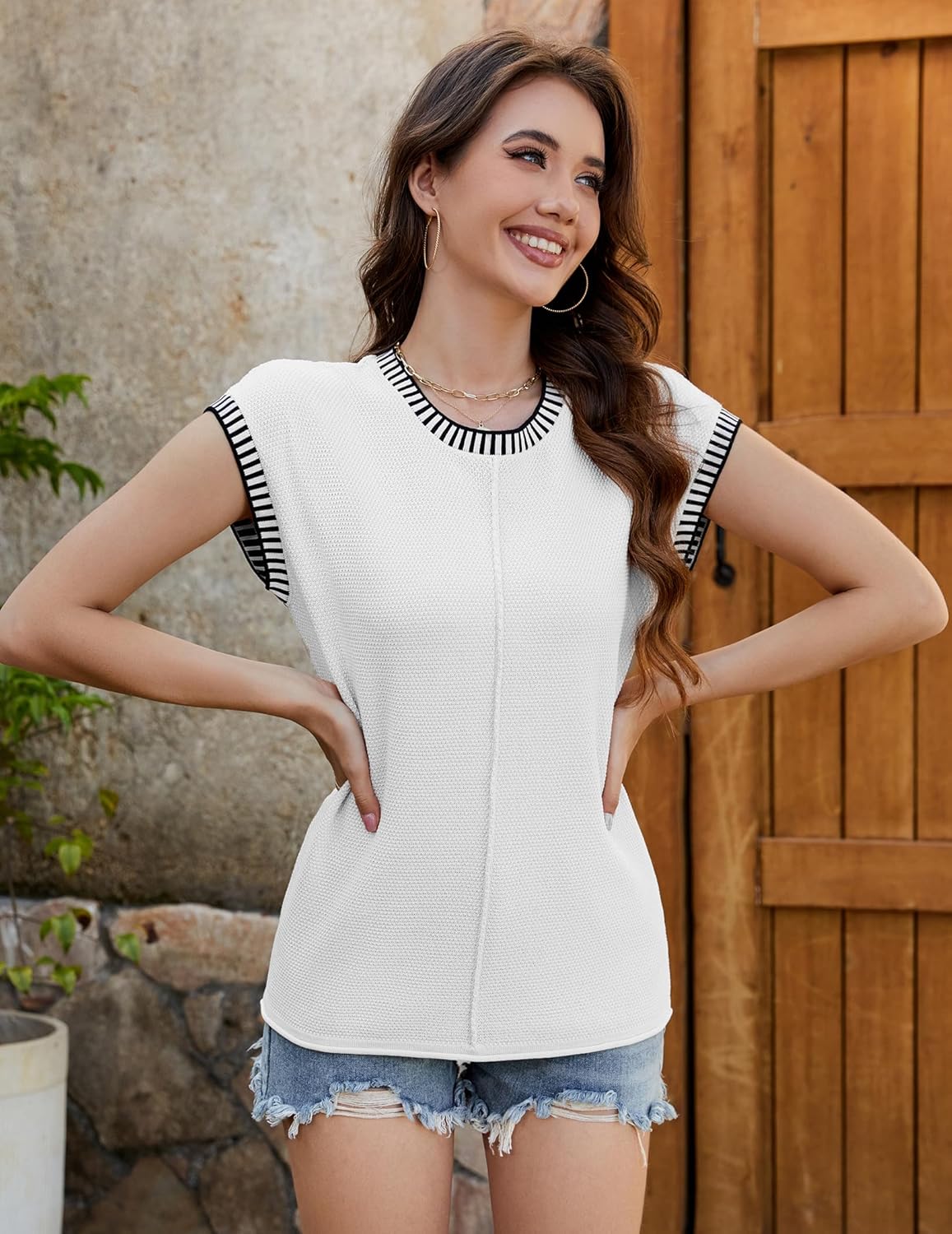 Waffle Sweater Vest Women Casual Sleeveless Color Block Cap Sleeve Tank Tops Summer Breathable Knit Crewneck Pullover 2025 White-Black - Image 4