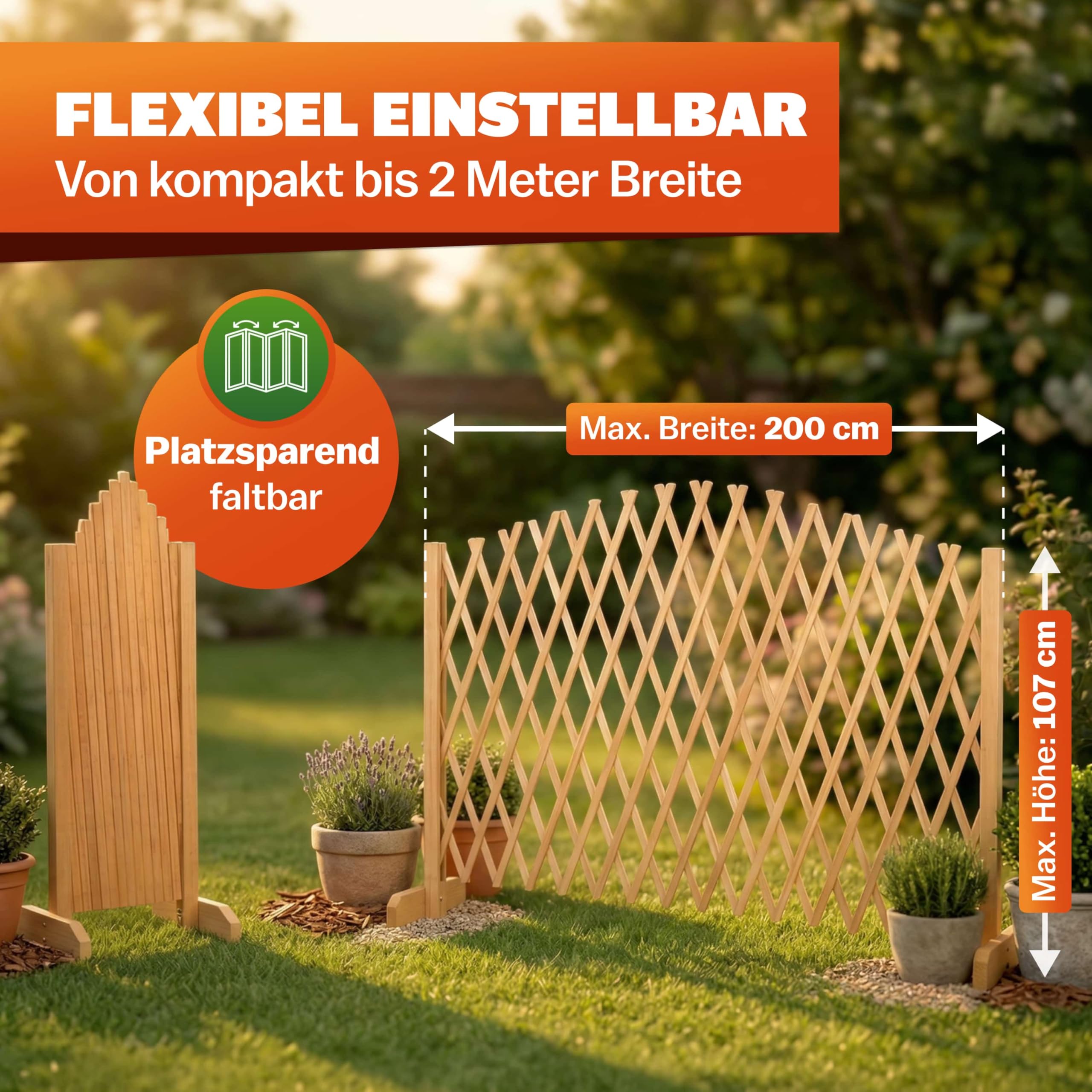 Gardebruk 2x Griglia Flessibile Estendibile in Legno da Giardino 200 cm Pieghevole Grigliato per Rampicanti Recinzione Balcone Separatore