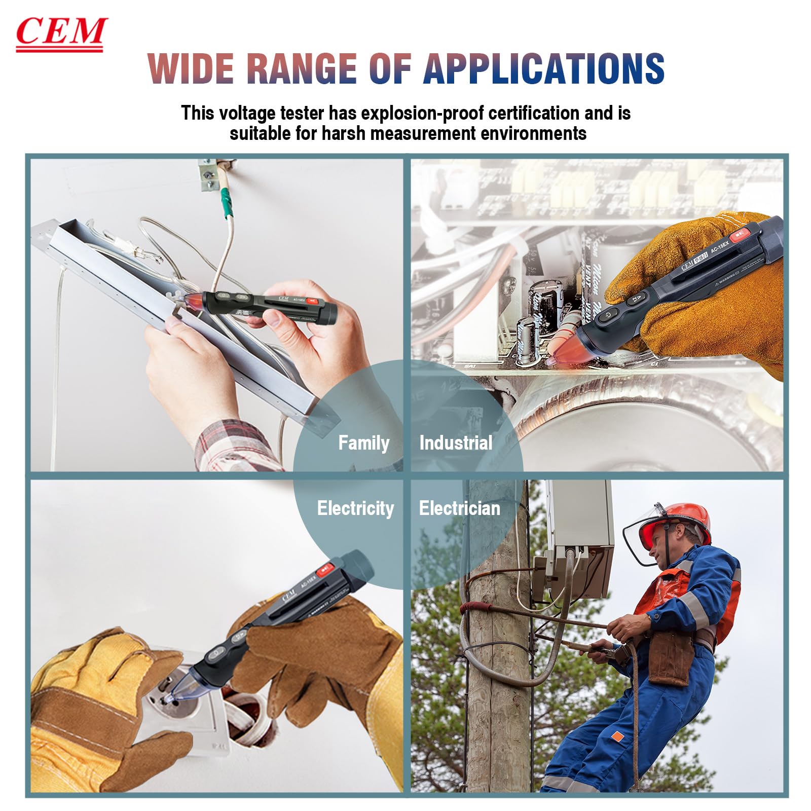 CEM AC-15EX Voltage Tester,Non-Contact Volt Tester, with Dual Range AC 12V-1000V/100V-1000V, Live/Null Wire Tester, Buzzer Alarm, Wire Breakpoint Finder, Flashlight, Ex ib IIB T4 (ATEX) — Amazon image 9