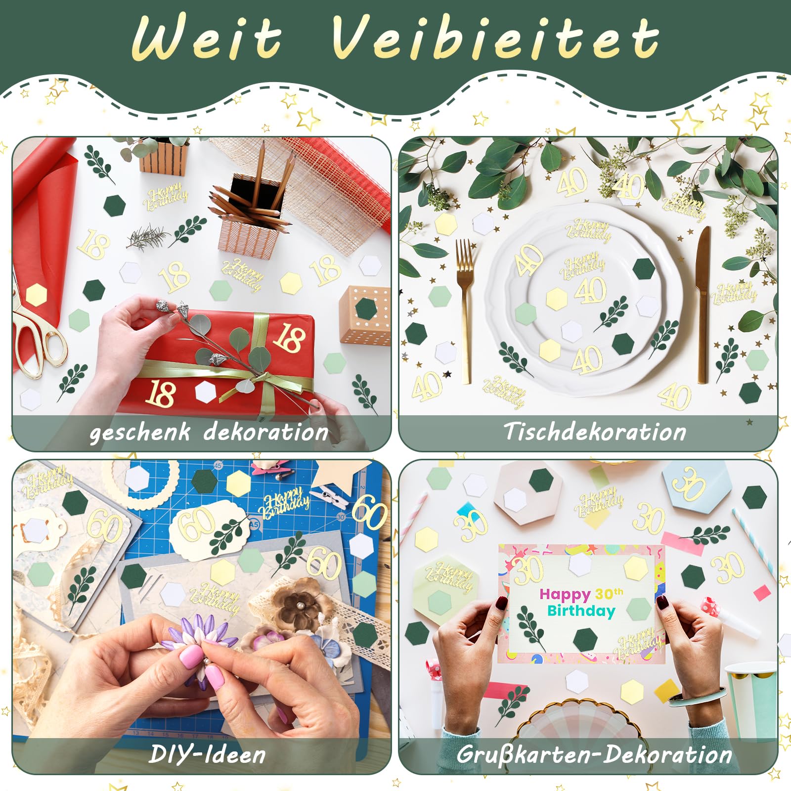 Strodeco 40e verjaardag, confetti verjaardag zwart goud, 40e Happy Birthday confetti tafeldecoratie verjaardag vrouw man, slingers verjaardag, glitter confetti voor jubileum feestdecoraties