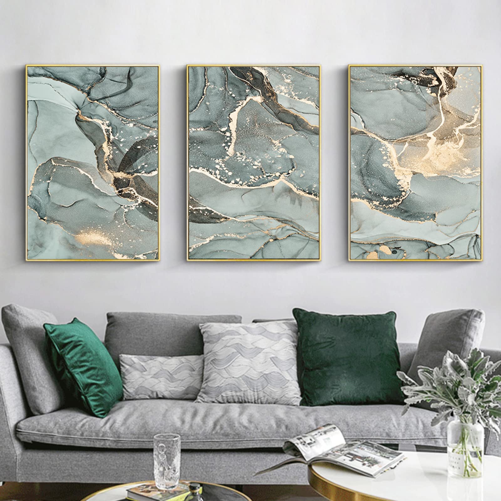 Tableau Abstrait Marbré Gris-vert – 2 Toiles Sans Cadre – Déco Salon, Bureau, Cuisine