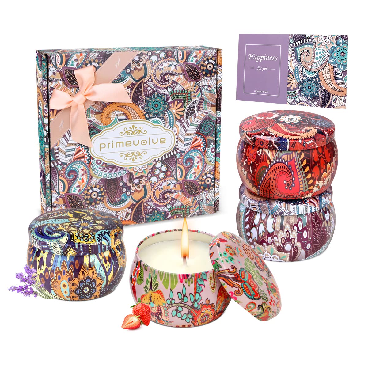 Scented Candles Gift Set for Women,  Primevolve  Home Scented Aromatherapy Candles Bulk, Strongly Fragrance Essential Oils for Stress Relief, 100% Soy Wax, Jar Candles, 4x4.4oz