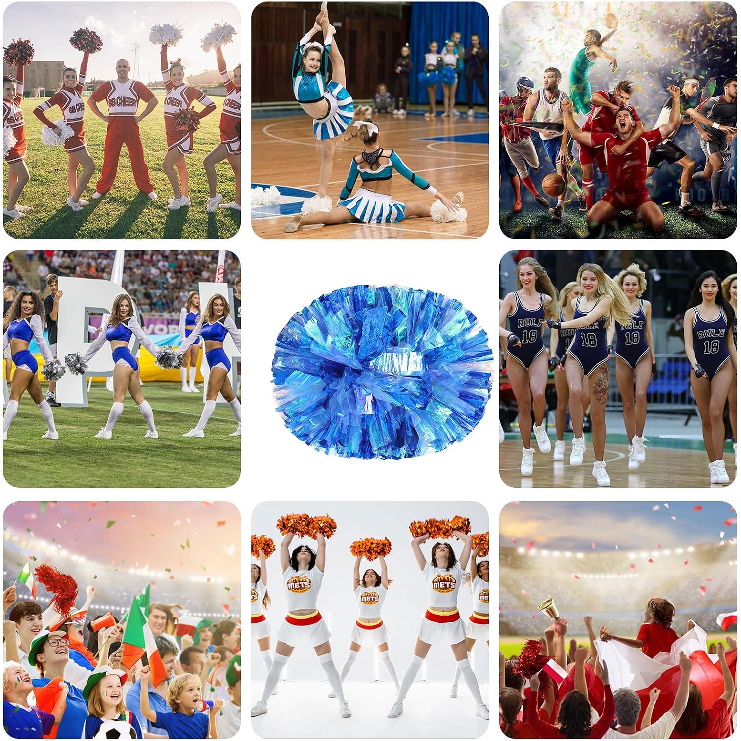24 Pack Cheerleading pom poms,Handheld Cheer pom poms, Sports Cheer Plastic Pom Poms Cheerleading for Sports Team Spirit Cheering (Colorful+Blue)