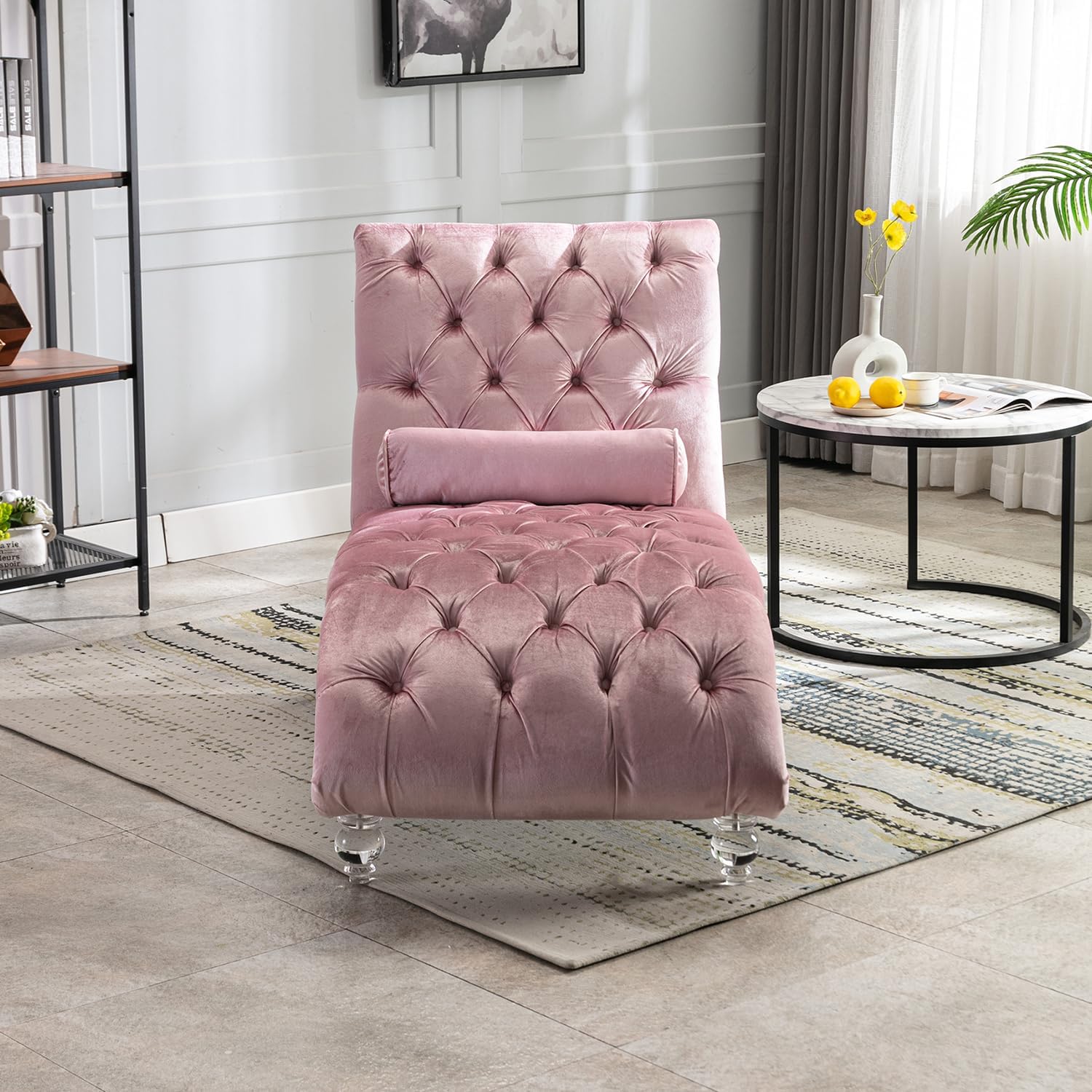 Tufted Chaise Lounge Chair Indoor,Velvet Upholstered Chaise Lounge Chair with Acrylic Legs and Lumbar Pillow,Armless Leisure Recliner Single Lounge Sofa for Living Room,Bedroom (Pink)