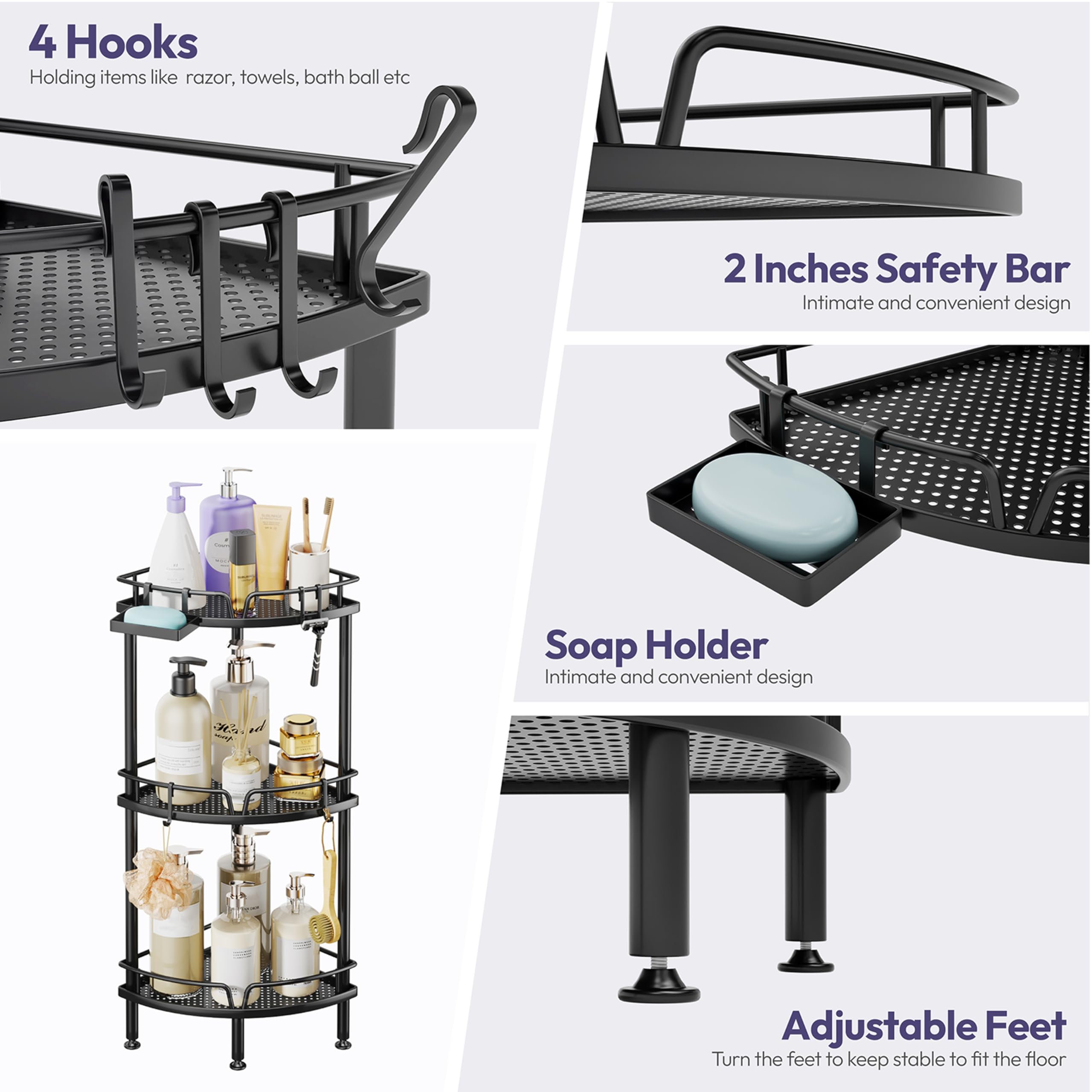SWTYMIKI Duschablage ohne Bohren Ecke - 3 Stück Duschregal Stehend | Duschablage Freistehend Badezimmer Organizer mit Seifenablage & 4 Haken, Duschregal Ohne Bohren für Shampoo und Duschgel