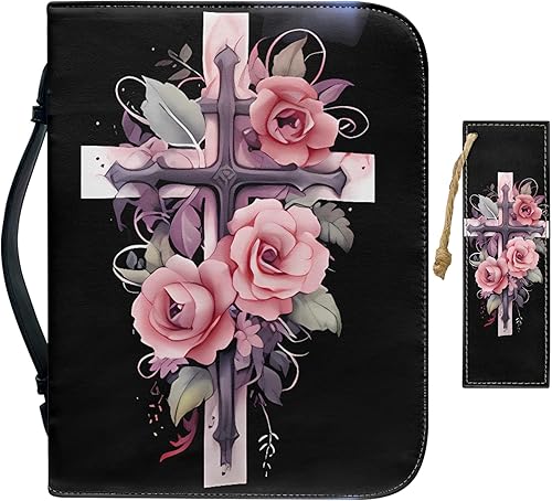 Bengbobar Faith Cross - Funda para la Biblia para hombres y mujeres, funda de Biblia de flores con asa, de piel sintética, impermeable, con asa y