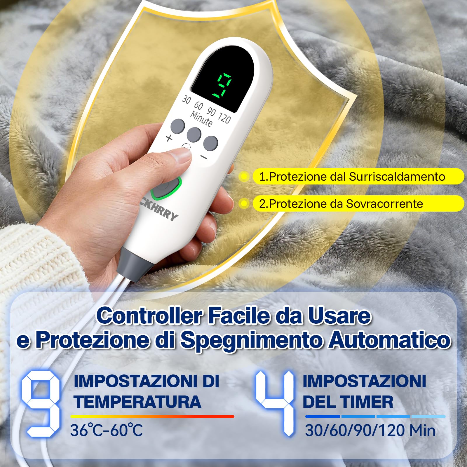 Termoforo Elettrico Cervicale e Spalle 60x100cm, 9 livelli di Riscaldamento, 4 Timer, Riscaldamento Rapido, Spegnimento Auto per Schiena Addome e Gambe, Flanella, Lavabile in Lavatrice