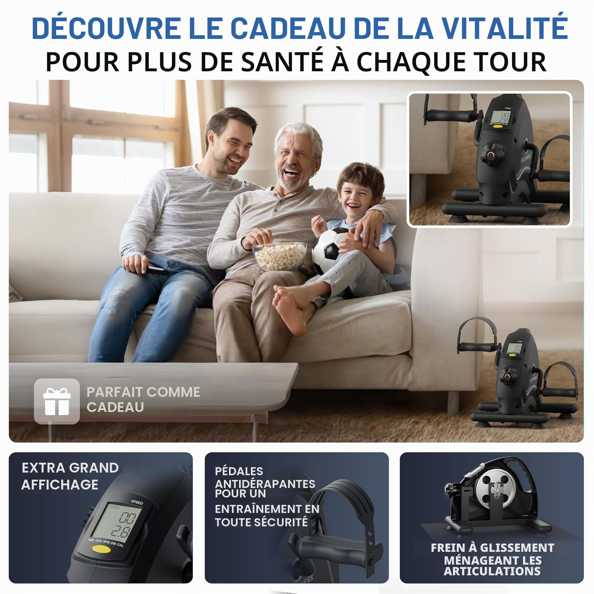 HELDENWERK Kit d'entraînement au pédalier - Certifié TÜV/GS avec sangle de fixation et tapis antidérapant - Entraîneur des bras et des jambes pour la maison - Pédalier d'entraînement pour seniors