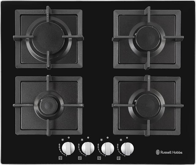 Russell Hobbs RH60GH402B Black Glass 59cm Wide, 4 Burner Gas Hob, Free 2 Year Guarantee