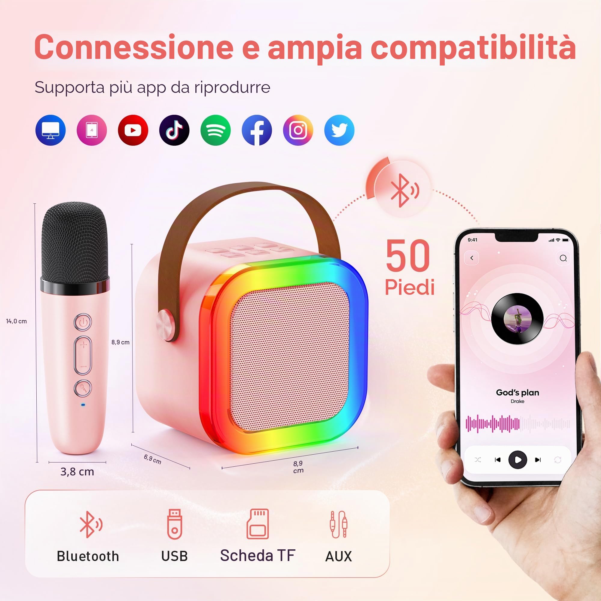 Ankuka Microfono Karaoke Bluetooth Bambini con Effetti Cambia Voce, Regalo Compleanno Natale Rosa