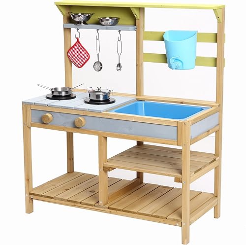 GarveeLife Cocina de juego de madera, cocina de barro para niños al aire libre con estufa, perilla giratoria, caja de agua y grifo fregadero