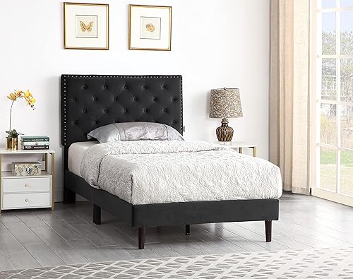 Base de cama tapizada individual con cabecera ajustable de 48 pulgadas de alto, cama de terciopelo de gamuza capitoné con botones, soporte de