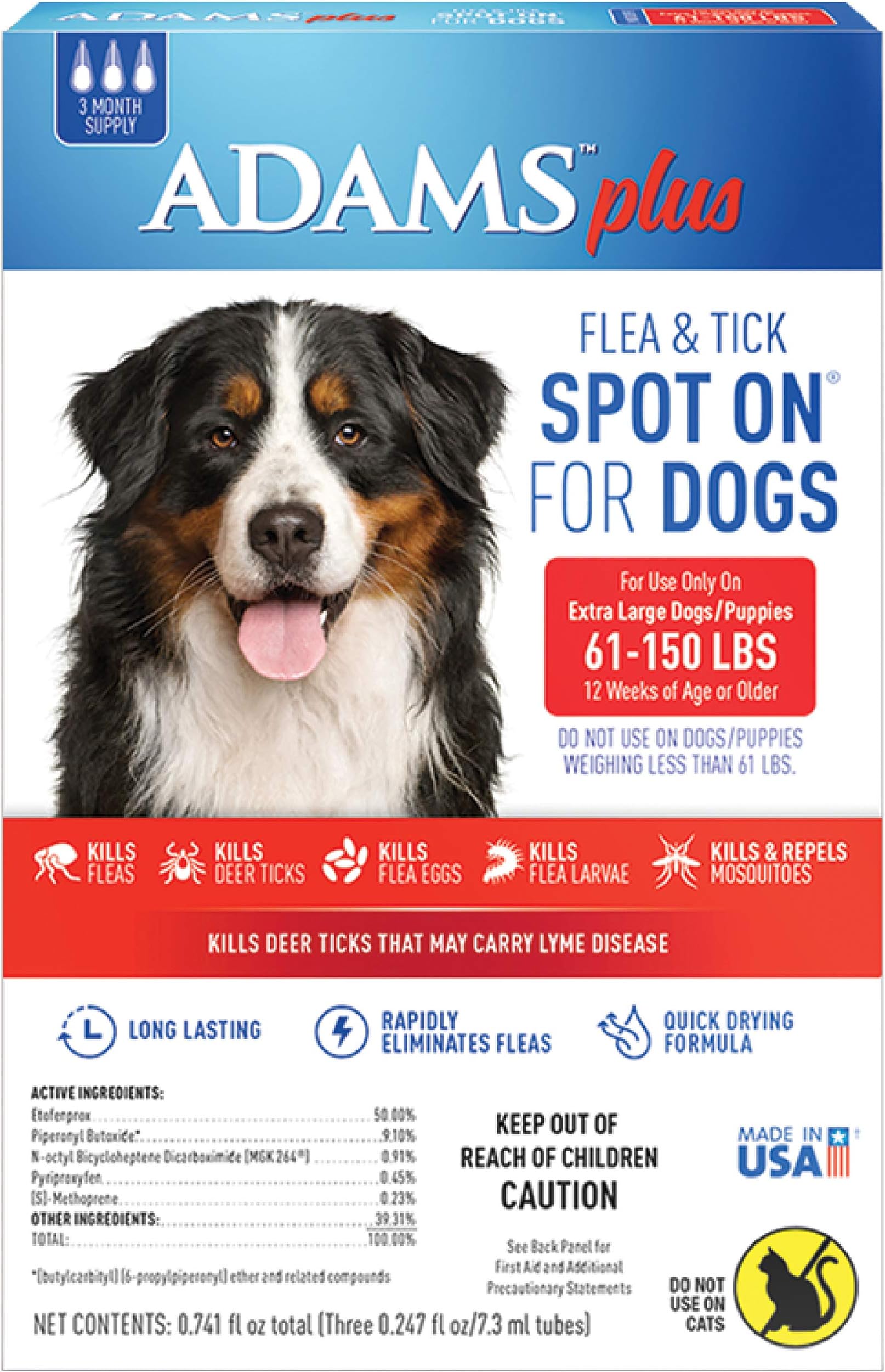 Adams Plus Flea and Tick Spot On for Dogs, Extra Large Dog Flea Treatment, 61-150 Pounds, 3 Month Supply