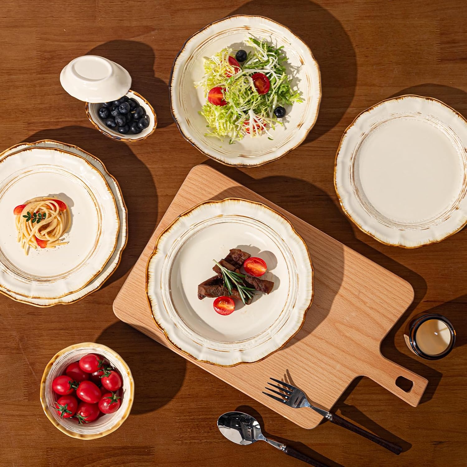 Roman Series 16-Piece Ceramic Dinnerware Set (Service for 4) - Vintage Distressed Finish, Microwave & Dishwasher Safe, Non-Slip Plates Bowls Mugs, Cream Yellow Porcelain Kitchen Set