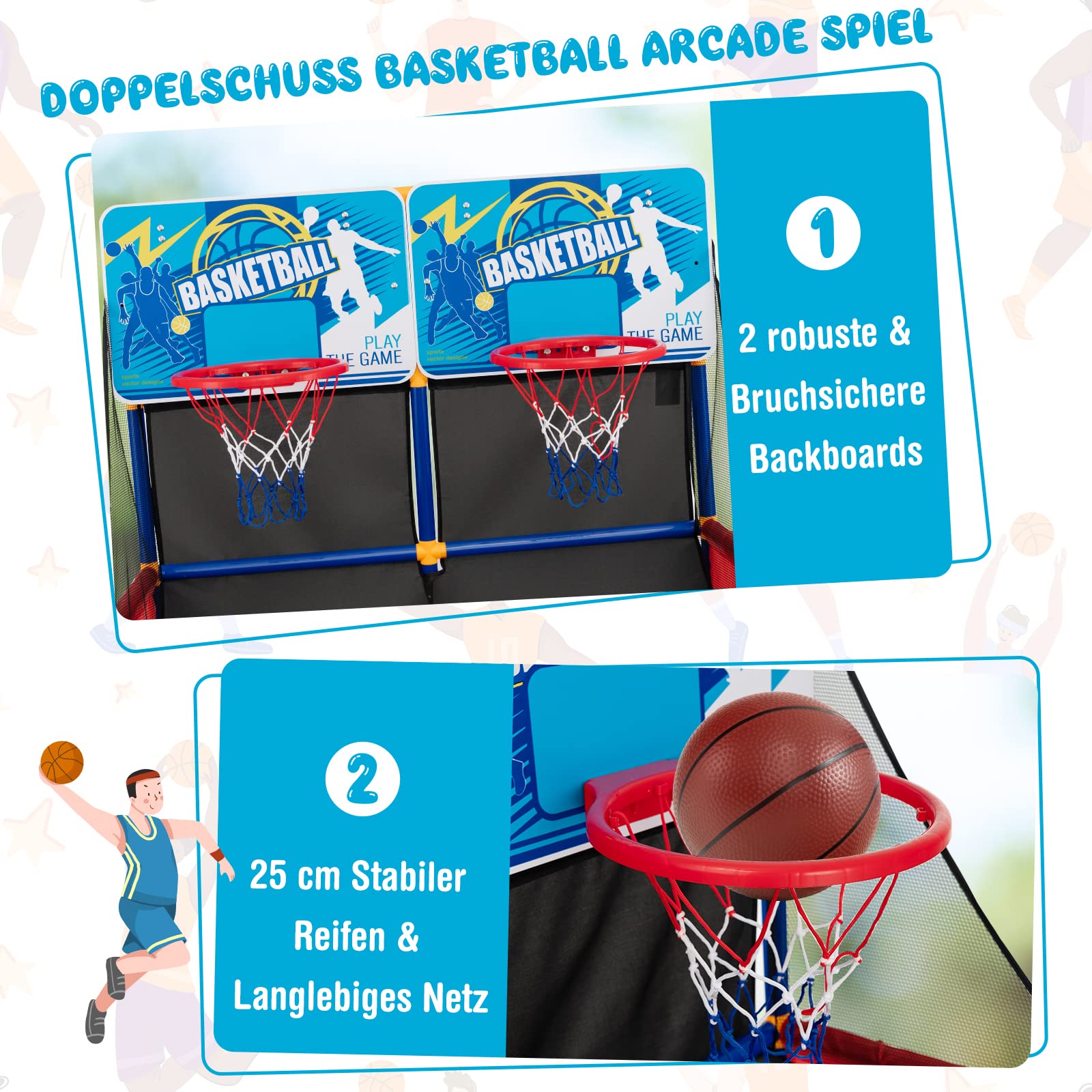 COSTWAY Arcade Basketball Spielset, Basketballständer mit 2 Körben, 4 Bällen und Pumpe, Mini Basketballkorb Outdoor Indoor, Basketballspiel 2 Spieler, Basketball Hoop Kinder Erwachsener, 140cm hoch