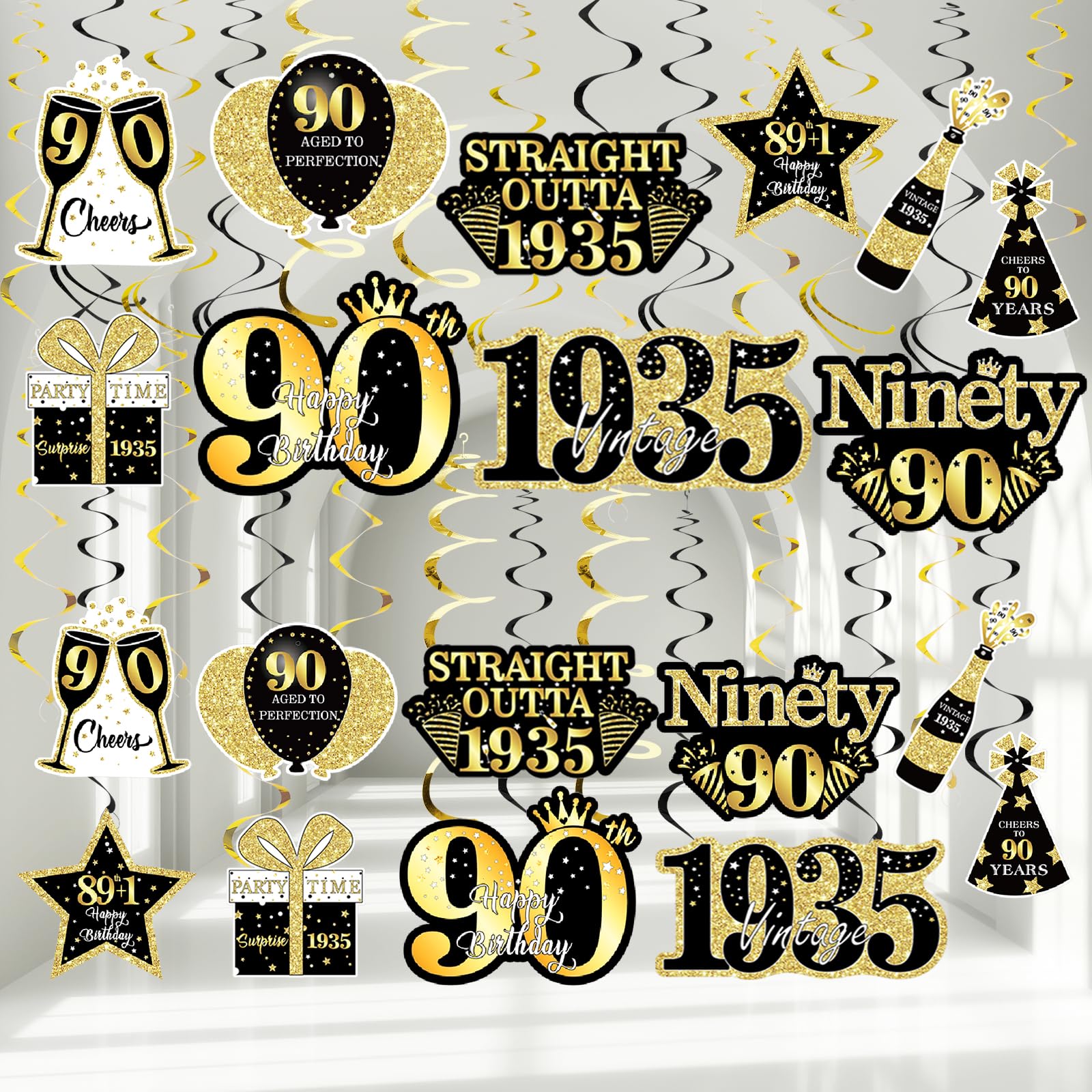 90th Birthday Party Decorations - Rose Gold Hanging Swirls With Cutouts