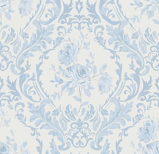 Peel and Stick Wallpaper Vintage Blue Watercolor Floral Contact Paper | Boho Damask Stick on Wall Paper Textured Removale Self Adhesive Vinyl Roll for Cabinet Bedroom Wall Decor 17.3 in X 118.1in - Blue - 17.3" x 118.1"