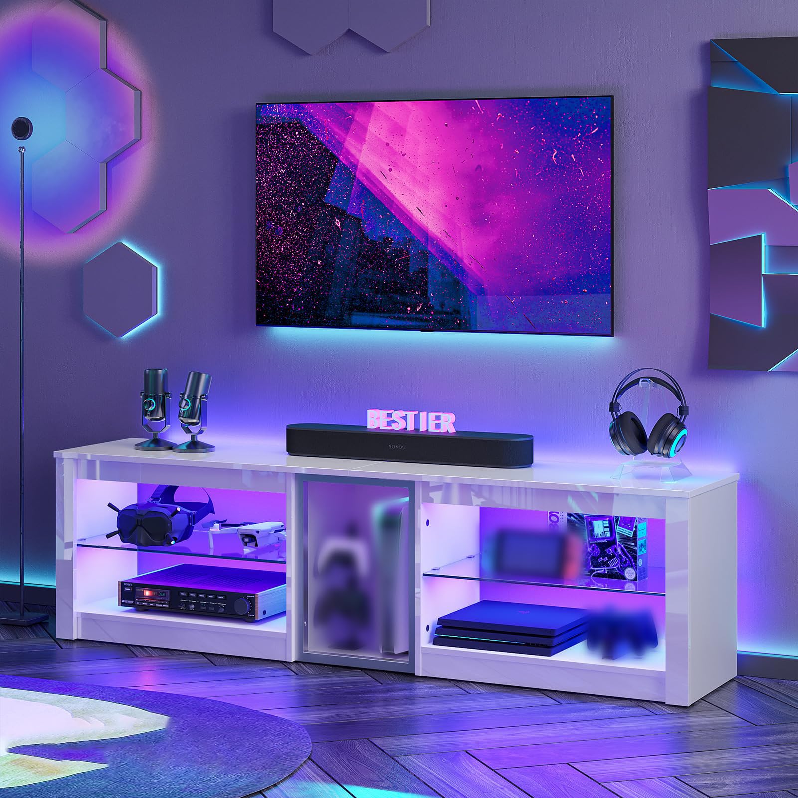 Bestier High Gloss TV Stand for 70 inch TV, Gaming Entertainment Center for PS5, LED TV Cabinet with Glass Shelves for Living Room, 63'' Inch, Bright