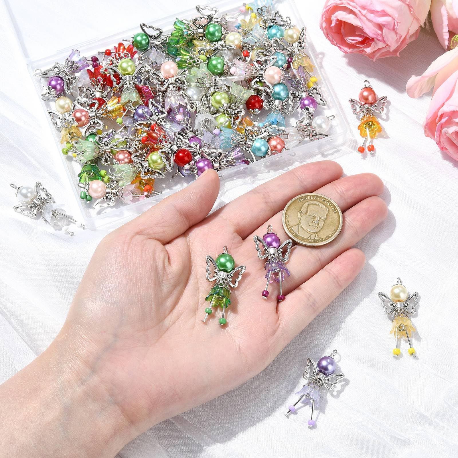 UR URLIFEHALL 50 Pcs 10 Styles Guardian Angel Charms Colourful Round Flower Beads with Fairy Wing Charms for Crafting Jewellery Making Keychain - Image 4