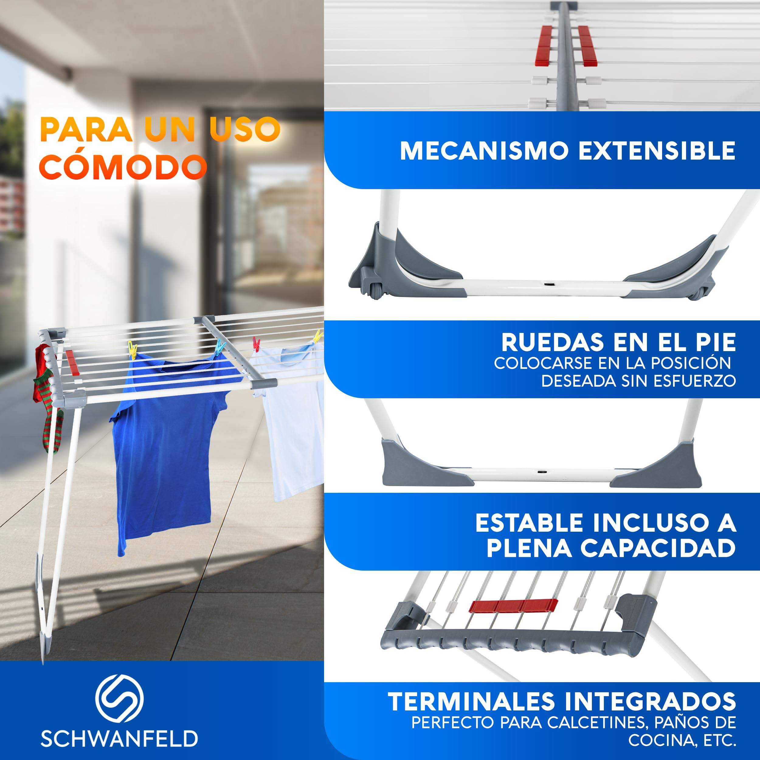 SCHWANFELD® Tendedero Extensible [20M Longitud EN SECO] - Tendederos Plegables - Tendedero Plegable - Tenderetes de Ropa Plegables - Tendedero Exterior - Estendal Tendal Plegable - Tenderete