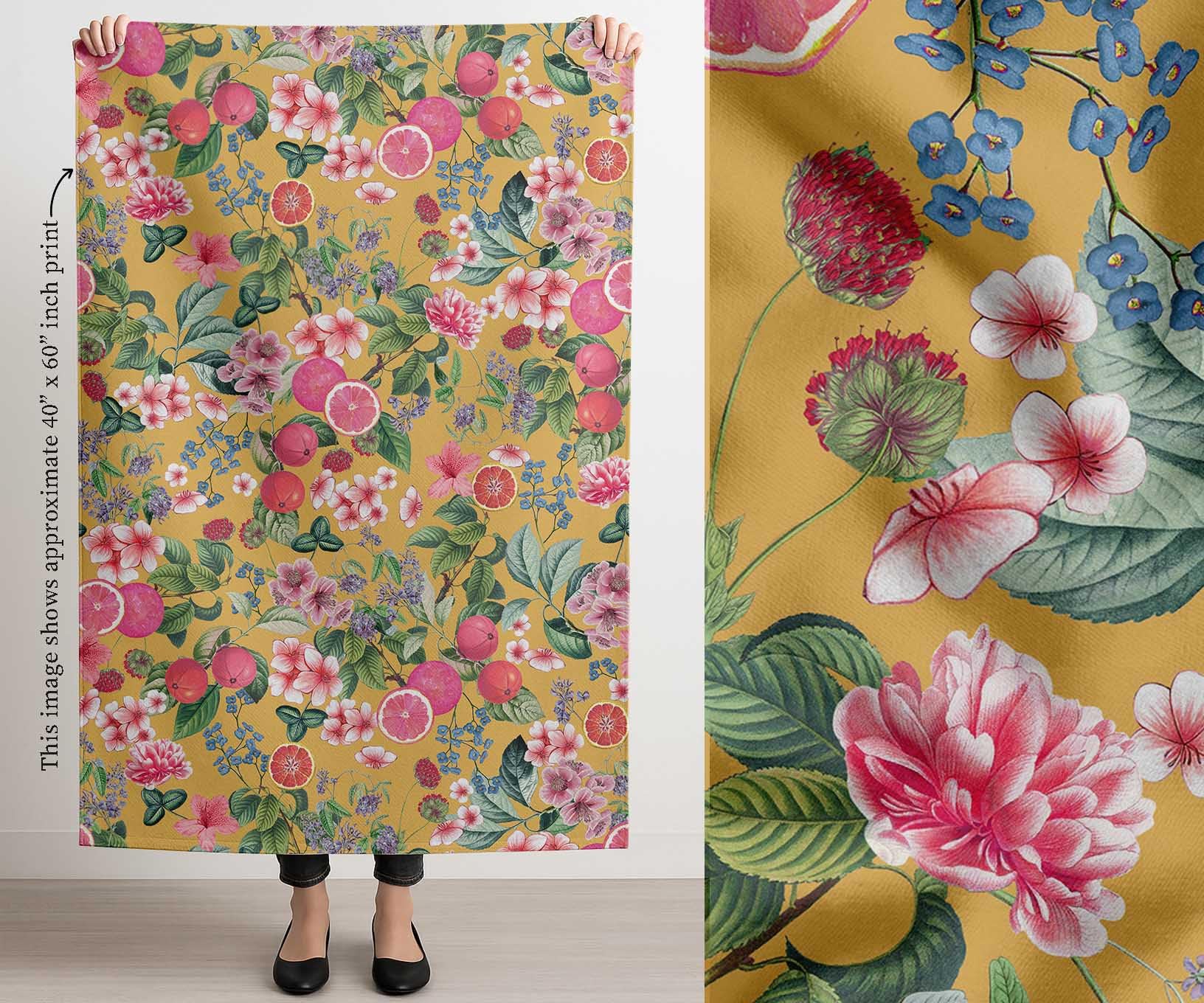 Soimoi Toile de coton | 142 cm de large, vendue au mètre | Motif fruits – Ocre | Tissu résistant de poids moyen pour sacs, rideaux, loisirs créatifs et décoration