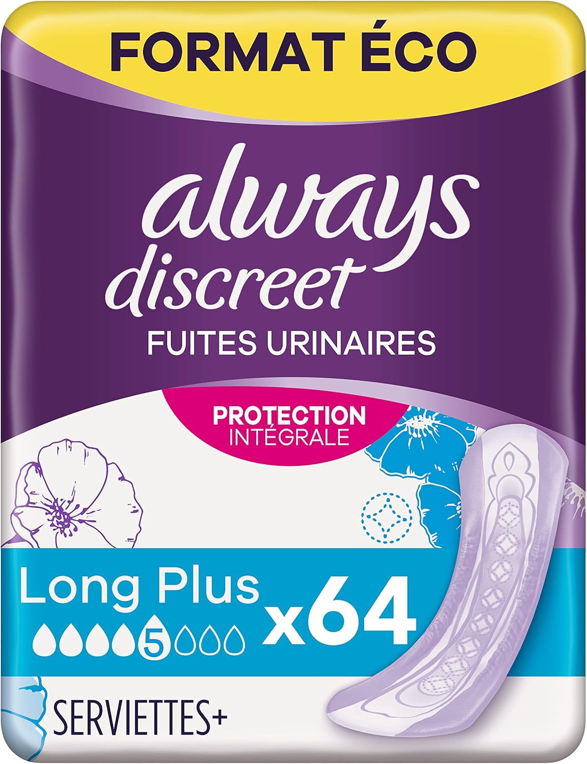 Always Discreet 64 Serviettes Incontinence pour Femme, Long Plus, 5