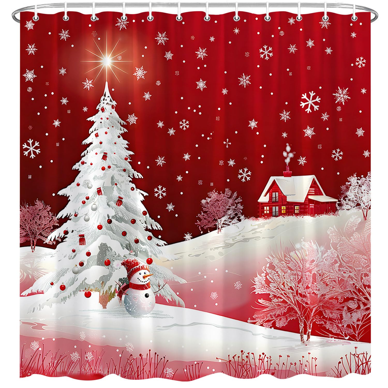 BOARDFEB Christmas Shower Curtain, Red Winter Xmas Tree Snowman Merry Christmas Shower Curtains For Bathroom Decor Washable Durable Fabric Holiday New Year Shower Curtain With Hooks 72x72 Inch