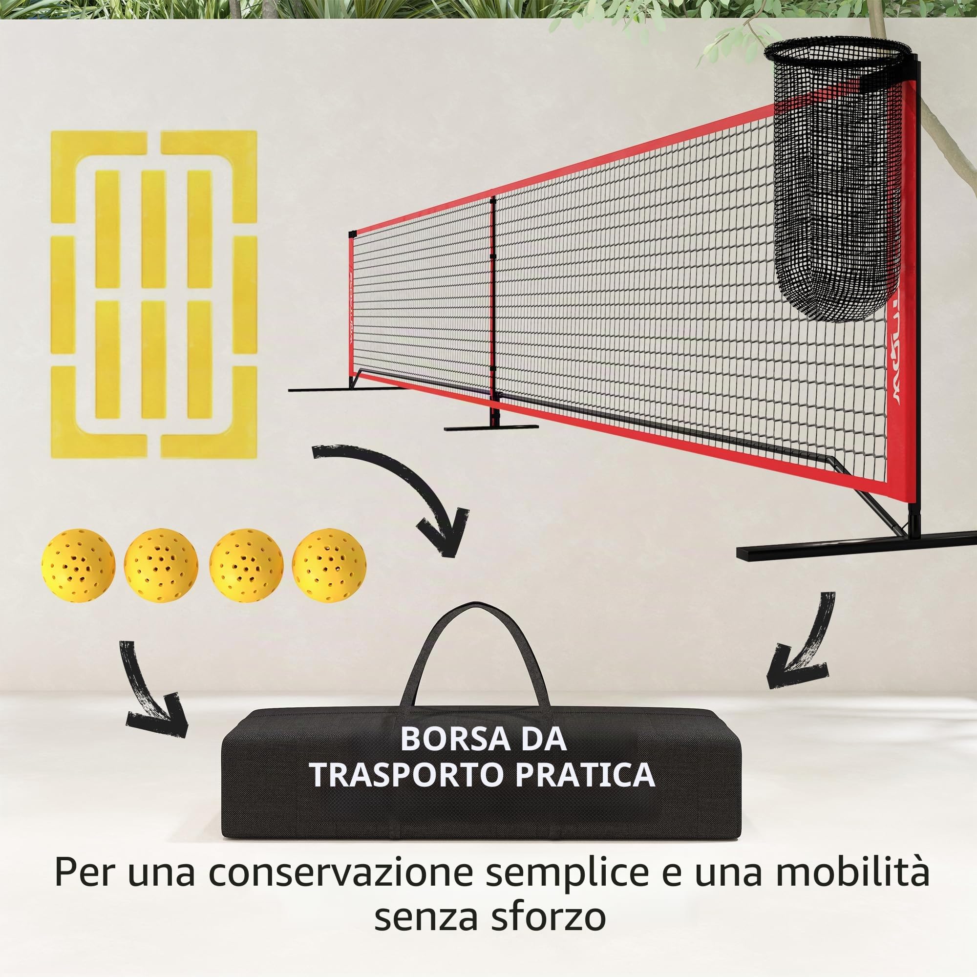 SPORTNOW rete da pickleball set portatile da 6,7 m con rete, set per segnare il campo, raccoglitore di palline, quattro palline e borsa per il trasporto per esterni, vialetto